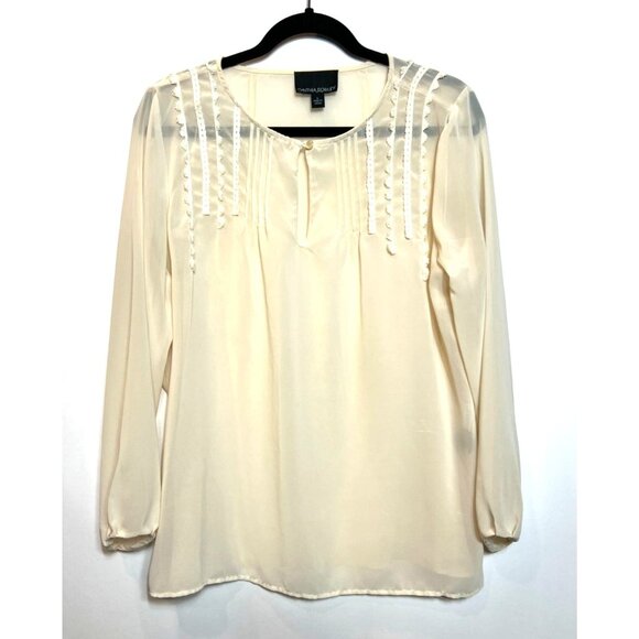 Cynthia Rowley Sheer Lace Trim Blouse Cream Long Sleeve Lightweight Womens Large - Picture 2 of 11